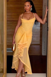 Spaghetti Straps Ruffles Sleeveless Tulle Long Party Prom Dress