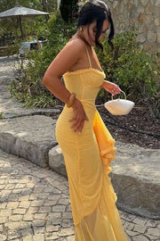 Spaghetti Straps Ruffles Sleeveless Tulle Long Party Prom Dress