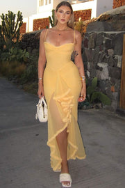 Spaghetti Straps Ruffles Sleeveless Tulle Long Party Prom Dress