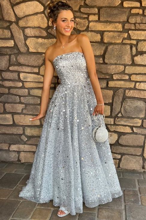 Sparkly A-Line Empire-Waist Strapless Sleeveless Long Prom Dress