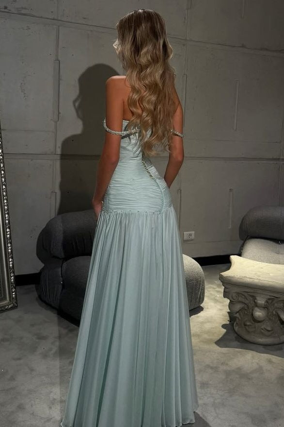 Off-Shoulder A-Line V-Neck Pleats Empire-Waist Long Evening Prom Dress