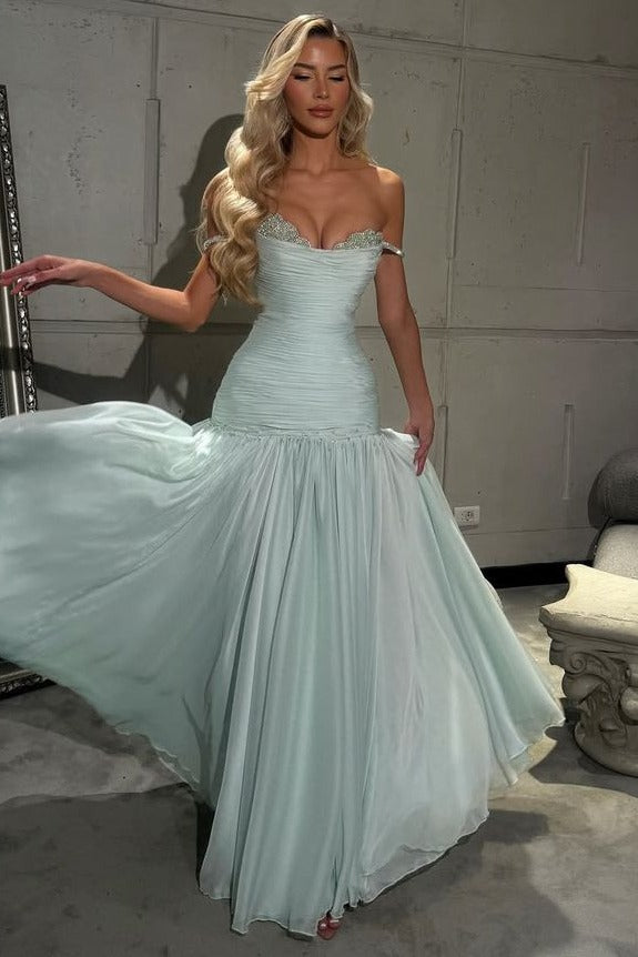 Off-Shoulder A-Line V-Neck Pleats Empire-Waist Long Evening Prom Dress