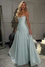 Off-Shoulder A-Line V-Neck Pleats Empire-Waist Long Evening Prom Dress