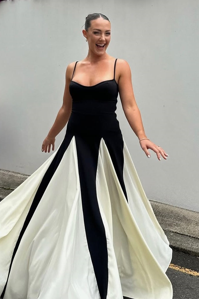 Spaghetti Straps A-Line Black&White Sleeveless Long Prom Dress