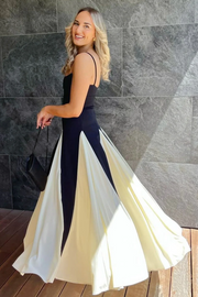 Spaghetti Straps A-Line Black&White Sleeveless Long Prom Dress