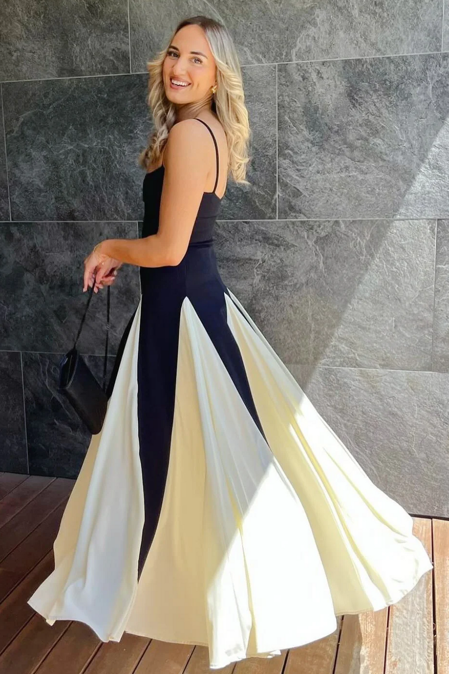 Spaghetti Straps A-Line Black&White Sleeveless Long Prom Dress