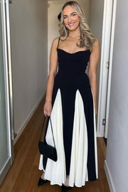 Spaghetti Straps A-Line Black&White Sleeveless Long Prom Dress