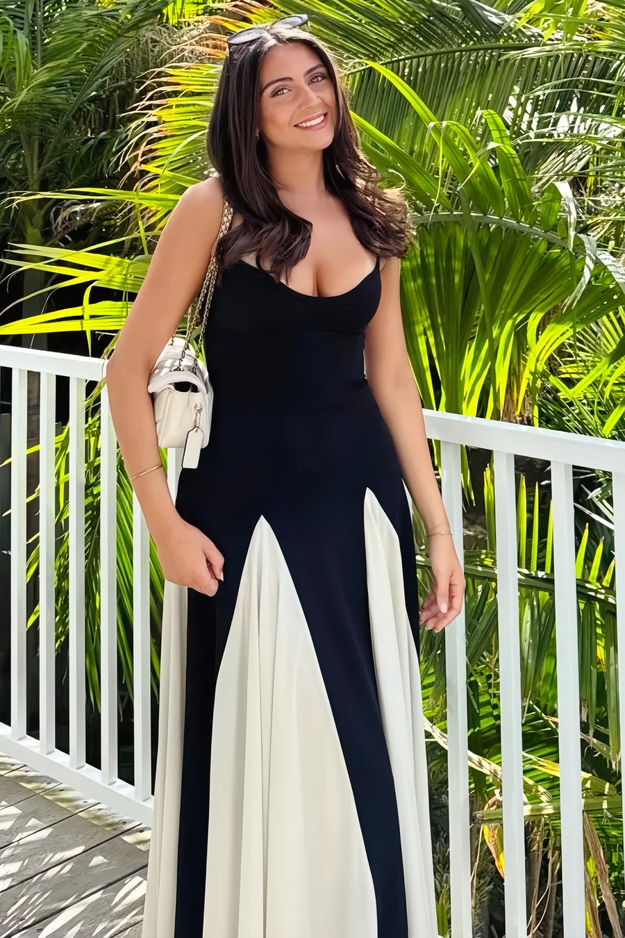 Spaghetti Straps A-Line Black&White Sleeveless Long Prom Dress
