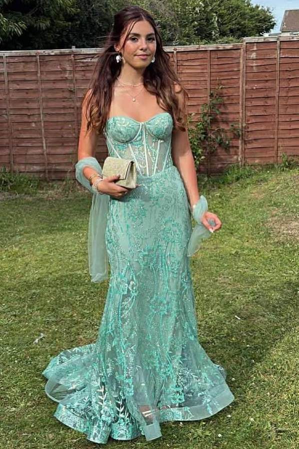 Strapless Mermaid Sweetheart Lace Appliques Sleeveless Long Prom Dress