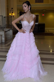 Stunning Pink Spaghetti Straps Beads Tiered Tulle Long Prom Dress