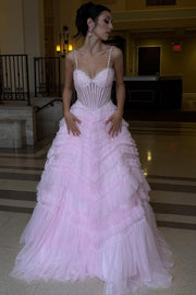 Stunning Pink Spaghetti Straps Beads Tiered Tulle Long Prom Dress