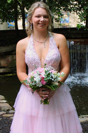 Halter Deep V-Neck Ruffles Tulle Sleeveless Empire-Waist Long Prom Dress