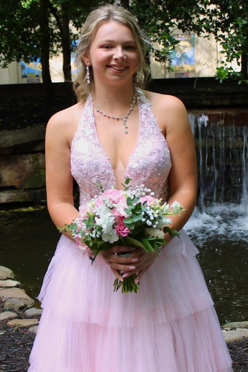 Halter Deep V-Neck Ruffles Tulle Sleeveless Empire-Waist Long Prom Dress