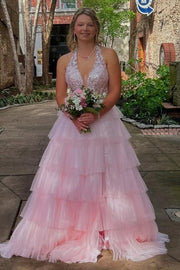 Halter Deep V-Neck Ruffles Tulle Sleeveless Empire-Waist Long Prom Dress