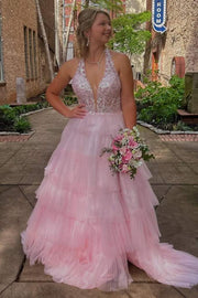 Halter Deep V-Neck Ruffles Tulle Sleeveless Empire-Waist Long Prom Dress
