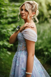 Off-Shoulder Illusion Lace Appliques Empire-Waist Tulle Long Prom Dress