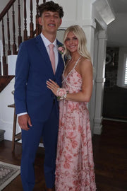 Stunning Halter Empire-Waist Beads Floral Sleeveless Ruffles Long Prom Dress