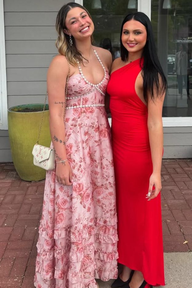 Stunning Halter Empire-Waist Beads Floral Sleeveless Ruffles Long Prom Dress