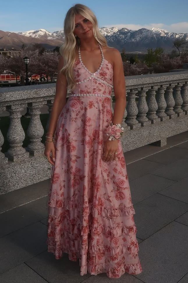 Stunning Halter Empire-Waist Beads Floral Sleeveless Ruffles Long Prom Dress