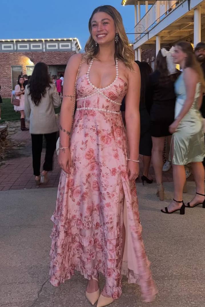 Stunning Halter Empire-Waist Beads Floral Sleeveless Ruffles Long Prom Dress