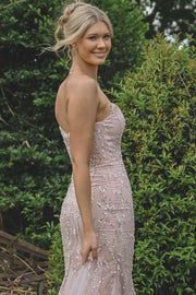 Pink Strapless Mermaid Appliques Tulle Scoop Neck Long Prom Dress