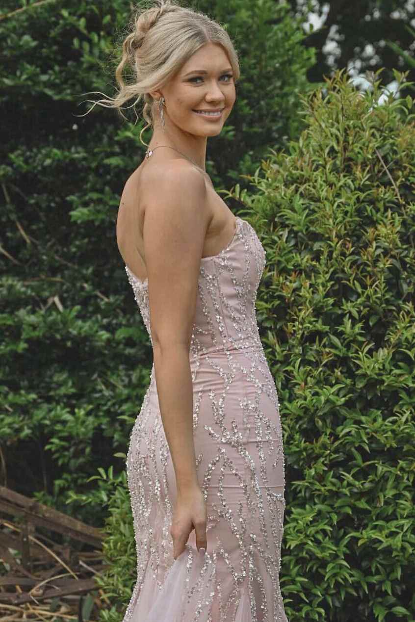 Pink Strapless Mermaid Appliques Tulle Scoop Neck Long Prom Dress