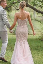 Pink Strapless Mermaid Appliques Tulle Scoop Neck Long Prom Dress