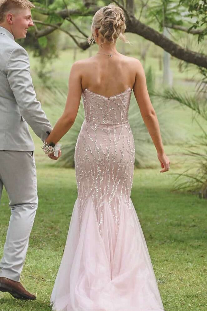 Pink Strapless Mermaid Appliques Tulle Scoop Neck Long Prom Dress