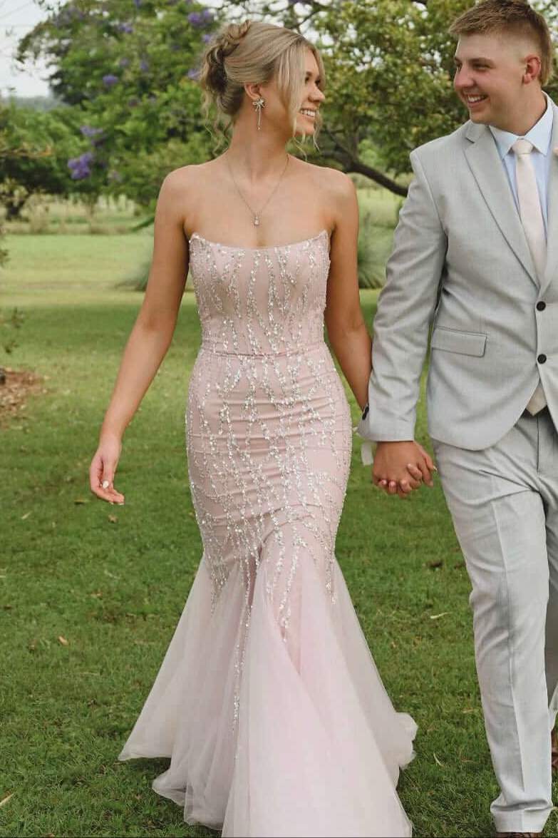Pink Strapless Mermaid Appliques Tulle Scoop Neck Long Prom Dress