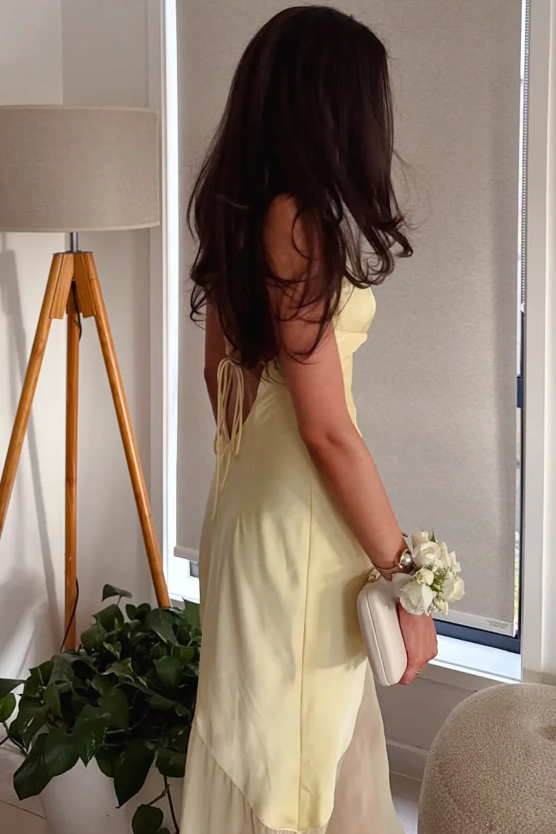 Yellow Spaghetti Straps V-Neck Side Slit Sleeveless Party Prom Dress