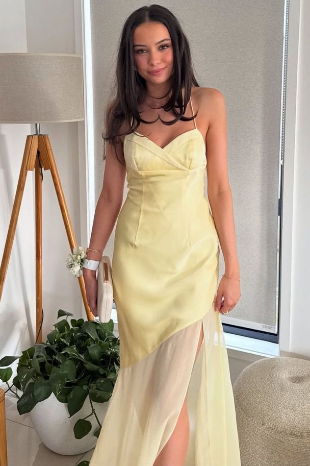 Yellow Spaghetti Straps V-Neck Side Slit Sleeveless Party Prom Dress