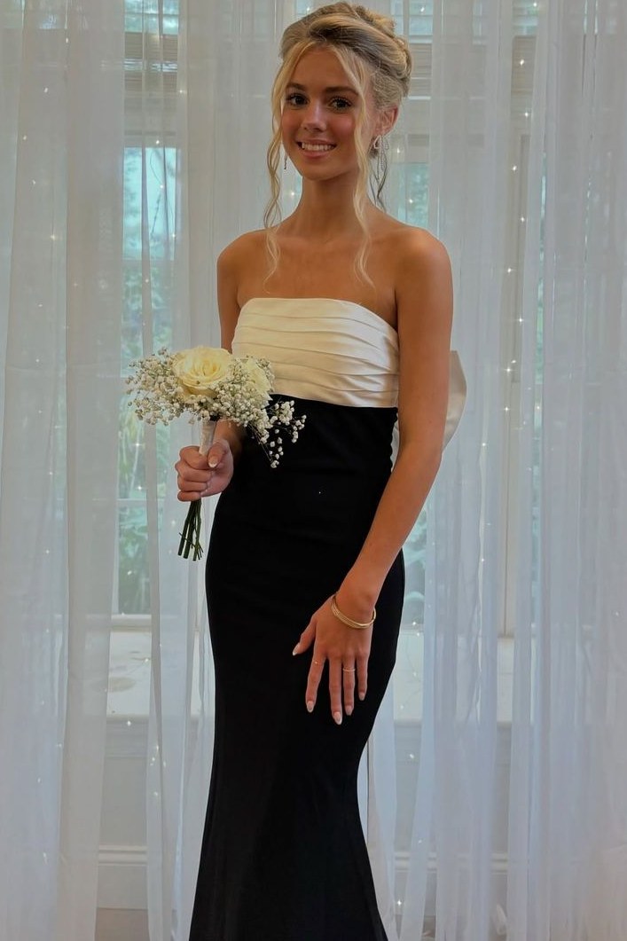 Classy Strapless Pleats Mermaid Sleeveless Satin Prom Dress with Bow