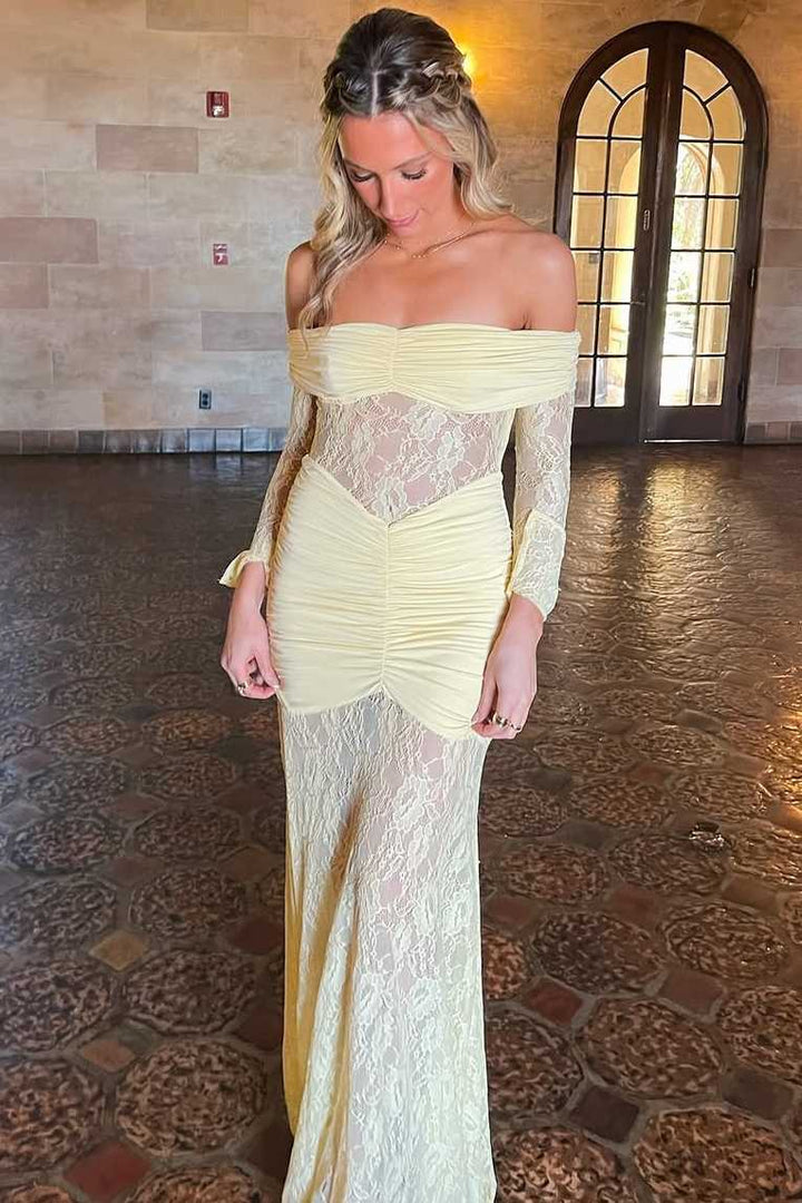 Yellow Off-Shoulder Lace Long Sleeves Illusion Long Prom Party Dress