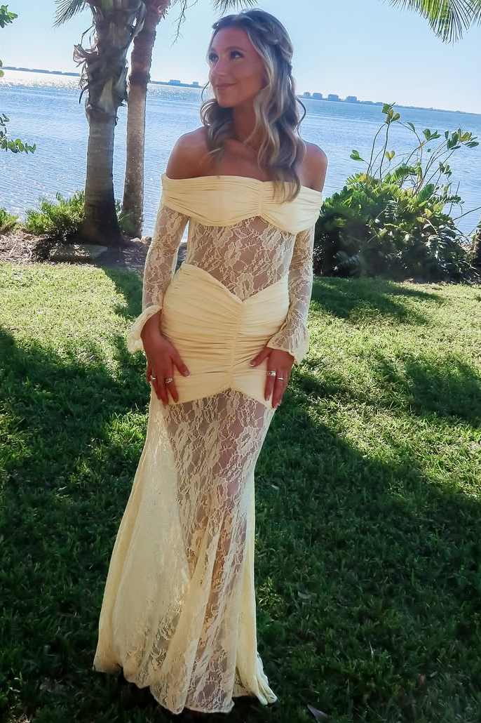Yellow Off-Shoulder Lace Long Sleeves Illusion Long Prom Party Dress
