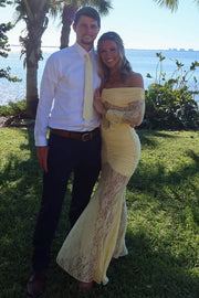 Yellow Off-Shoulder Lace Long Sleeves Illusion Long Prom Party Dress