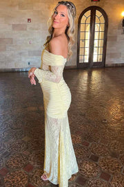 Yellow Off-Shoulder Lace Long Sleeves Illusion Long Prom Party Dress
