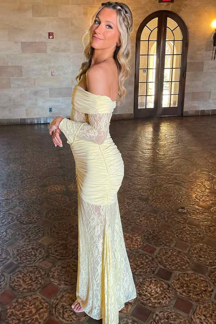 Yellow Off-Shoulder Lace Long Sleeves Illusion Long Prom Party Dress
