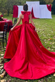 Red Halter A-Line Scoop Neck Empire-Waist Ruched Prom Dress with Slit