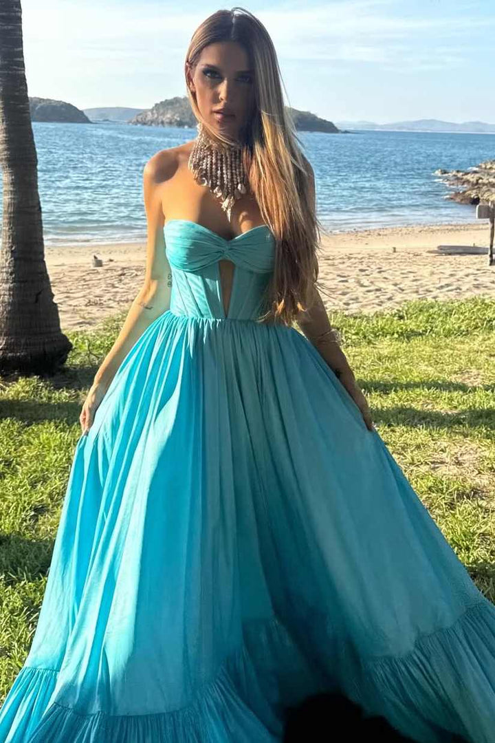 A-Line Strapless Sweetheart Keyhole Pleated Empire-Waist Prom Dress