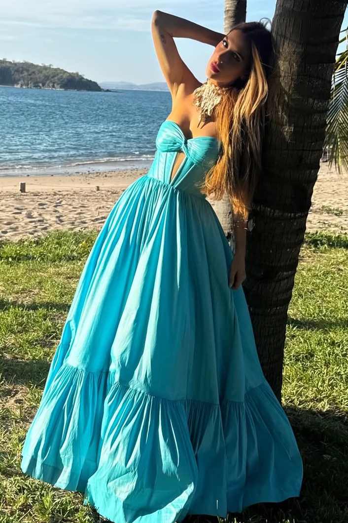 A-Line Strapless Sweetheart Keyhole Pleated Empire-Waist Prom Dress