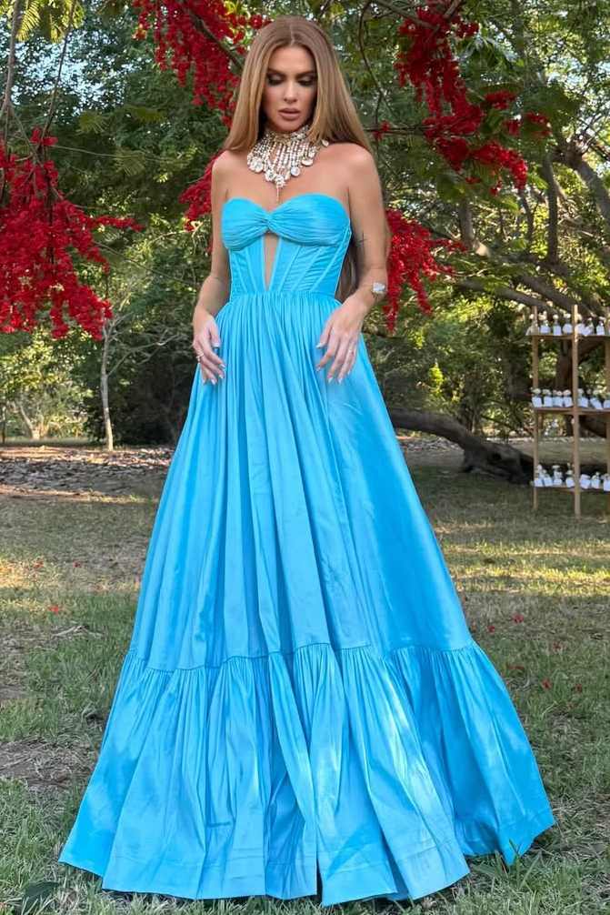 A-Line Strapless Sweetheart Keyhole Pleated Empire-Waist Prom Dress