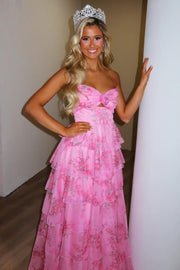 Stunning A-Line Strapless Print Tiered Empire-Waist Ruffles Long Prom Dress