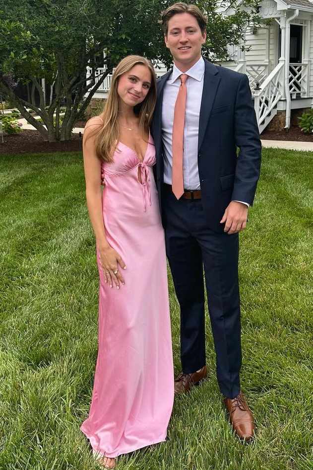 Pink Spaghetti Straps V-Neck Satin Sleeveless Long Prom Party Dress