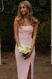 Pink Spaghetti Straps Pearls Mermaid Sleeveless Long Prom Dress