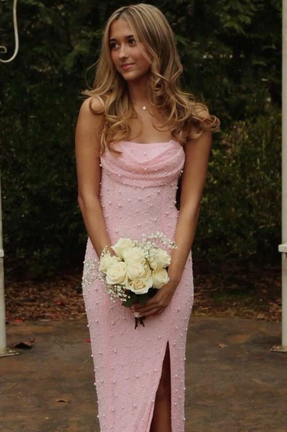 Pink Spaghetti Straps Pearls Mermaid Sleeveless Long Prom Dress