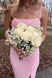 Pink Spaghetti Straps Pearls Mermaid Sleeveless Long Prom Dress