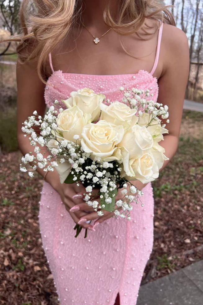 Pink Spaghetti Straps Pearls Mermaid Sleeveless Long Prom Dress