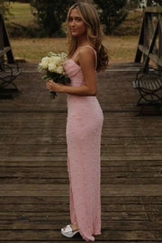 Pink Spaghetti Straps Pearls Mermaid Sleeveless Long Prom Dress