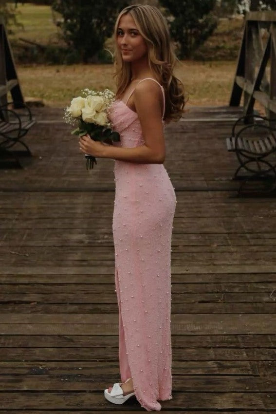 Pink Spaghetti Straps Pearls Mermaid Sleeveless Long Prom Dress