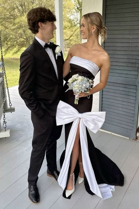Classy Black&White Strapless Scoop Neck with Bow Prom Dress with Slit